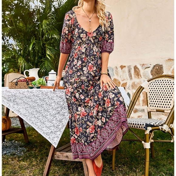 Suzanne Betro Sweetheart Neckline Border Print Midi Dress Sz 1X - Picture 4 of 7